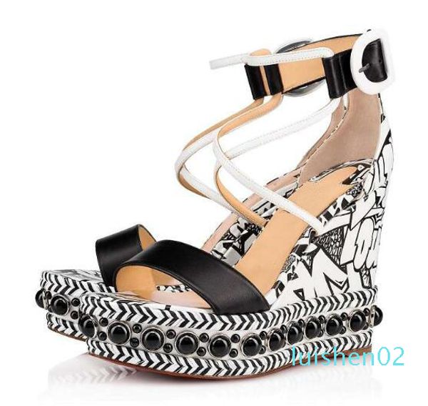 

lady red bottom shoes for wedge pearls studs women ankle strap gladiator sandals party wedding dress l02, Black