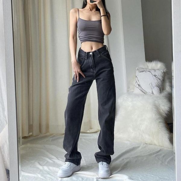 

2020 new smoke grey bf retro casual high waist wide legs ins straight barrel baggy jeans woman, Blue