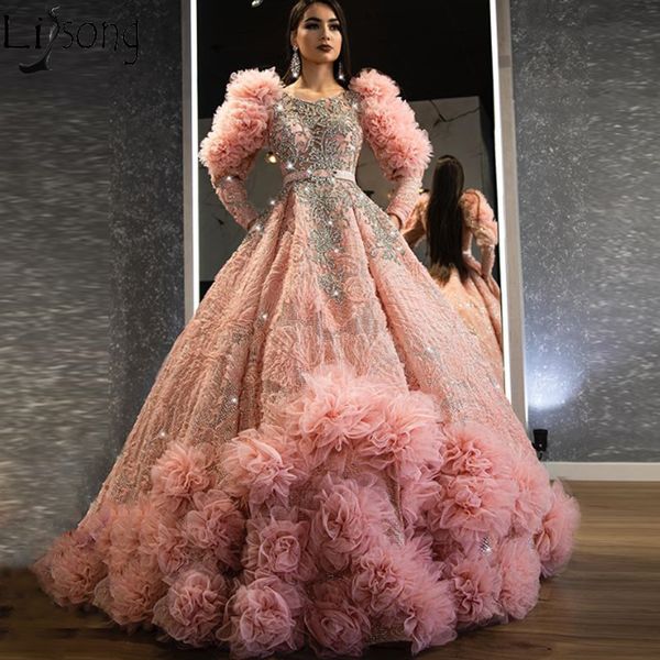 

haute couture stunning 2020 new prom dresses long sleeves luxury lace beading evening dress ruffle tulle engagement gowns robe, White;black