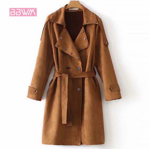 

women's double-breasted suit collar belt long suede women's windbreaker jacket windproof rivet jacket, Black;brown