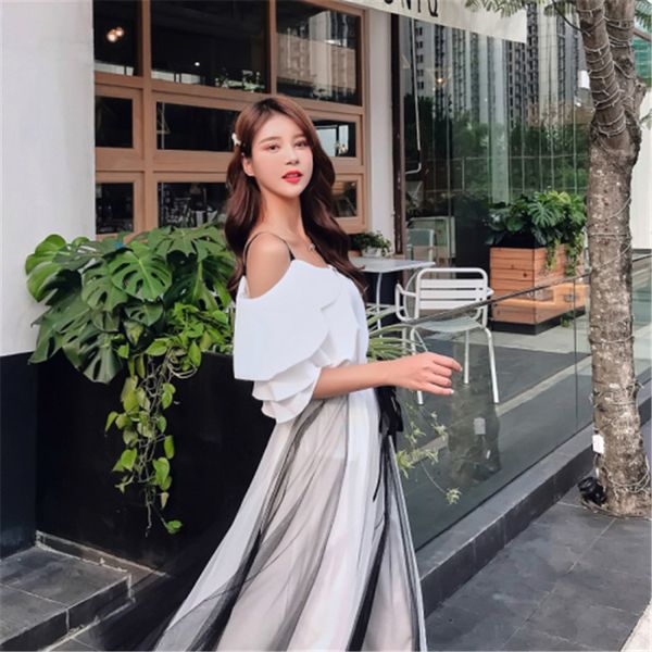 

two piece set 2020 new summer woman skirts suit elegant women ruffle sling casual mesh drawstring waist mid long dress, White