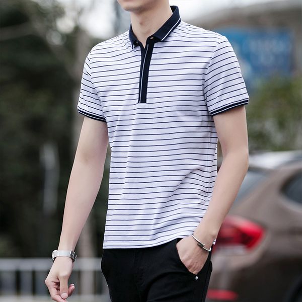 

summer good polo t-shirt trend clothing lapel slim short-sleeved striped shirt male casual clothes men men quality nuurx, Black