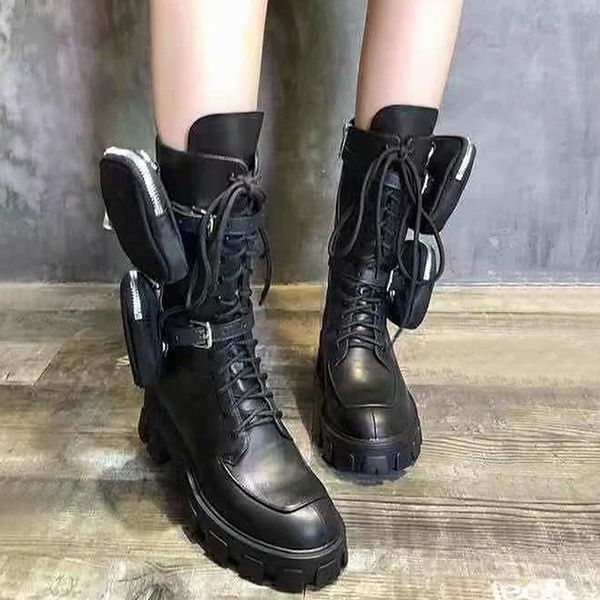 

2020 autumn and winter new thick bottom classical motorcycle boots female handsome martin boots thick heel strap mid boots military boot, Black