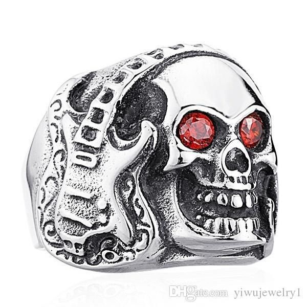 

fashion domineering men''s bands vintage ruby ring titanium steel skull punk biker finger ring jewelry size 7-14#, Silver
