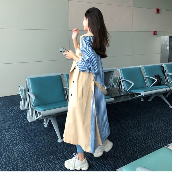 

ewq] 2019 spring autumn new pattern laple long sleeve lace up fake two piece striped patchwork vintage loose windbreaker ah006, Black;brown