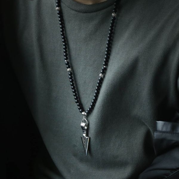 

unique men's necklace silver stainless steel arrow pendant matte black glass beaded necklace male jewelry dropshipping dnm07