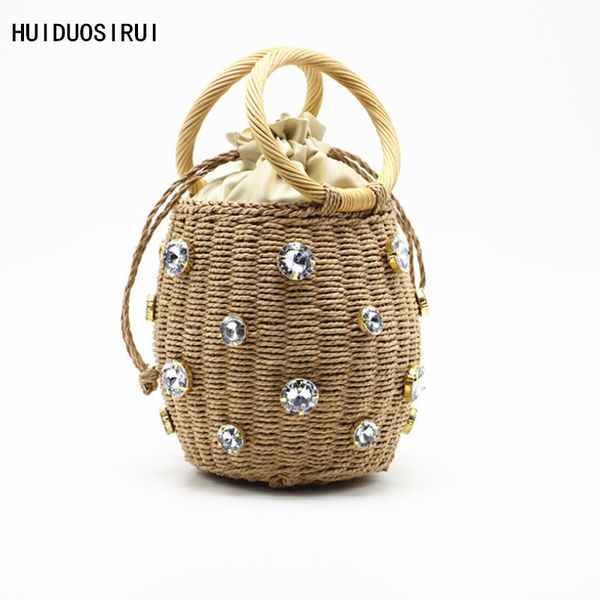 

2020 summer handmade cotton linen beach bag weaving bamboo bag wood handle handbags ladies straw diamond wrapped