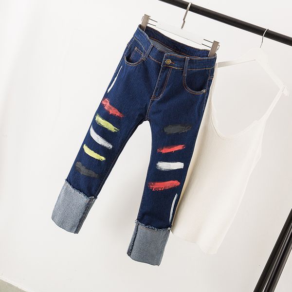 

fat size female wear fat sister colored strip stretch curled jeans nine-minute pants in autumn 2019, Blue