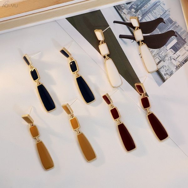 

aomu 2019 korea fashion colorful enamel simple geometric square water drop long tassel drop earrings for women girl party gifts, Silver