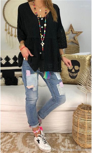 

tshirts solid color o-neck casual autumn loose long sleeved tees womens clothing women summer lace, White