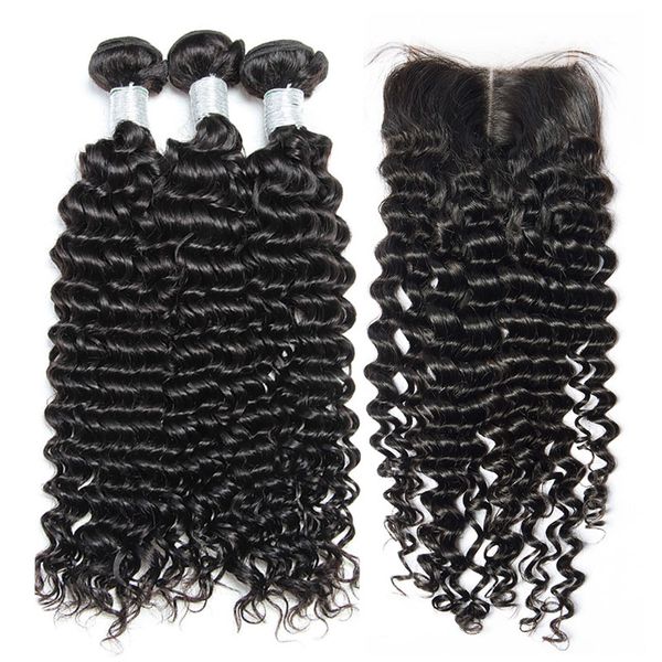 

Brazilian Curly Virgin Human Hair Weaves 3 Bundles with Top Lace Closure 8A Brazillian Deep Jerry Curly Remy Hair Extensions Natural Color