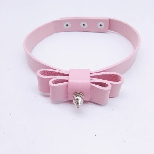 

women punk choker necklace handmade genuine leather torques silver metal button collar neck belt bowknot