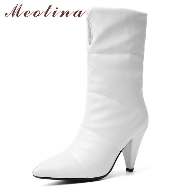 

meotina winter mid calf boots women boots pu leather spike heel fashion super high heel shoes female autumn big size 34-43, Black