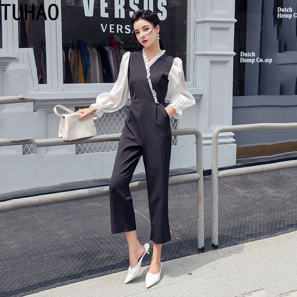 

tuhao office ladies ruffles jumpsuits women overalls rompers v-neck elegant jumpsuits high waist long playsuit 2019 wm29, Black;white