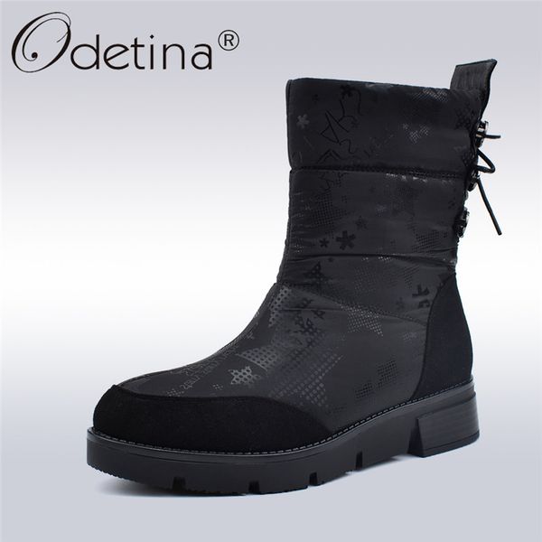 

odetina down snow boots women fashion print back lace up crystal ankle boots zip platform wedge heels winter thick plush shoes, Black