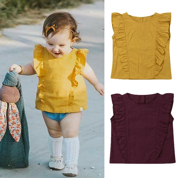 

summer toddler kids baby girl ruffles sleeveless solid color casual t-shirt tee children girls clothes 1-5y, Blue