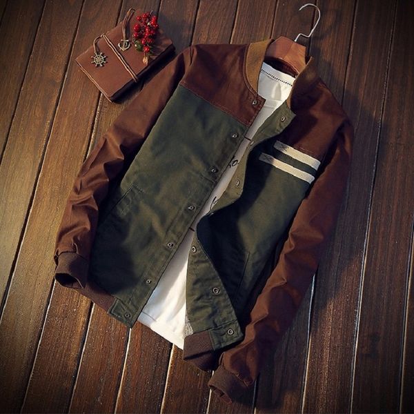 

2018 men jacket cultivate one's morality short paragraph color matching collar jacket male baseball uniform casual bomber, Black;brown