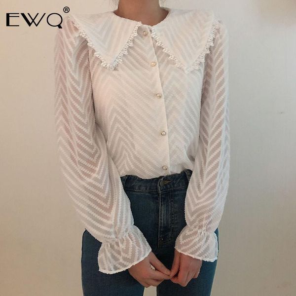 

ewq women spring summer 2019 long sleeve turn-down collar shirt 2019 shirts butterfly sleeve blouse female solid color tb464, White