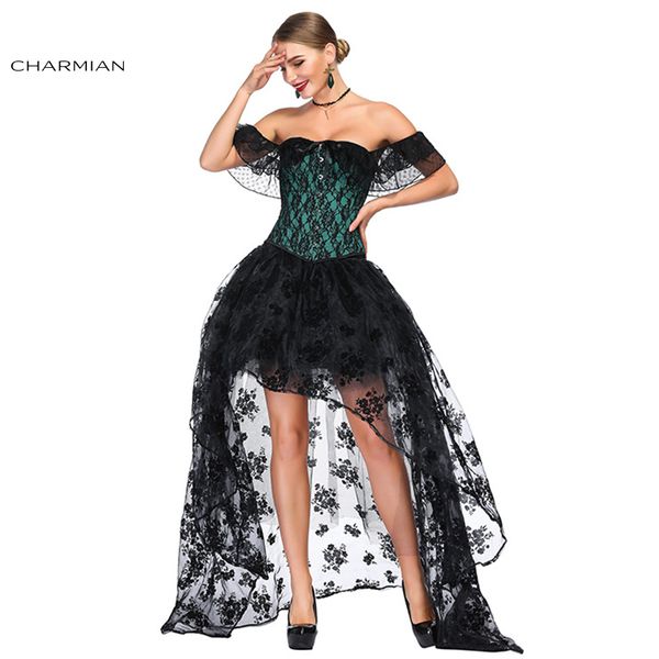 

charmian victorian gothic green&purple satin off shoulder floral lace overbust corset with organza high low skirt set, Black;white