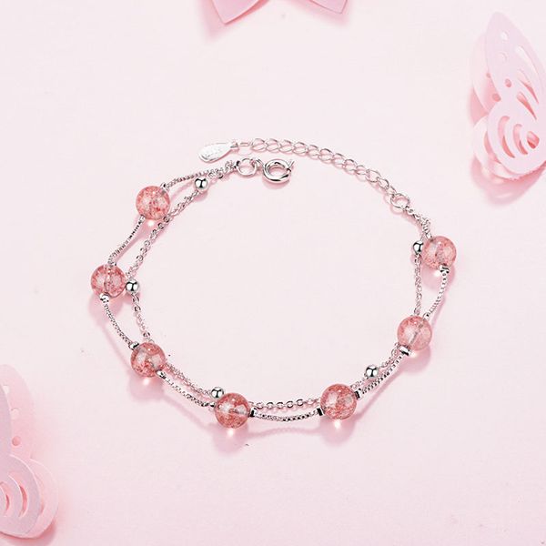 

romantic lovely strawberry crystal bracelets 925 sterling silver chain link double-row bracelets charming hand jewelry for women, Black
