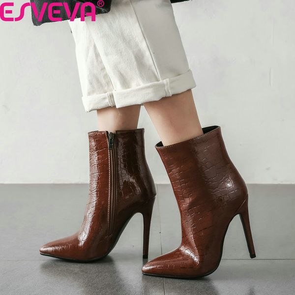 

esveva 2020 thin heel pu leather concise women shoes autumn winter fashion pointed toe zipper ankle boots big size 34-43, Black