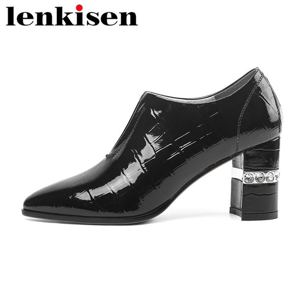 

lenkisen fashion shoes women big size genuine leather pointed toe rhinestone high heels office lady daily elastic band pumps l16, Black