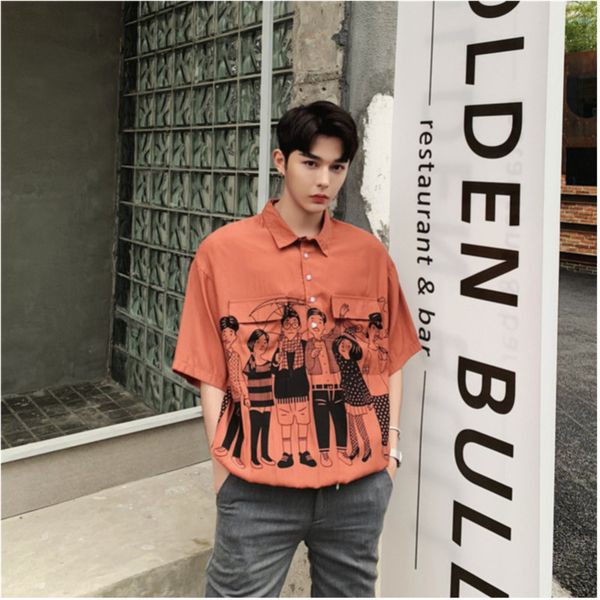 

men's casual shirts 2021 spring and summer korean version of the couple harajuku printing wind youth solid color five-point sleeve shir, White;black