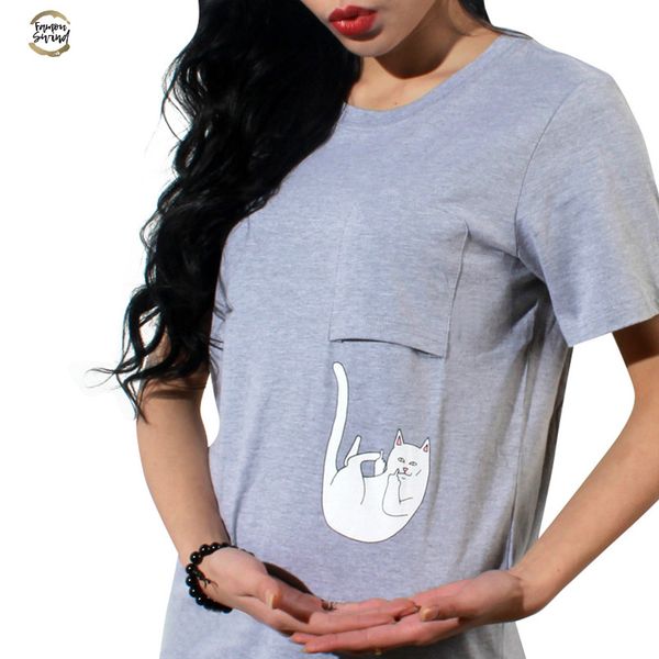 

t shirt women 2019 new fahsion middle finger pocket summer print animal cat couple wild womens t shirt vestidos de festa, White