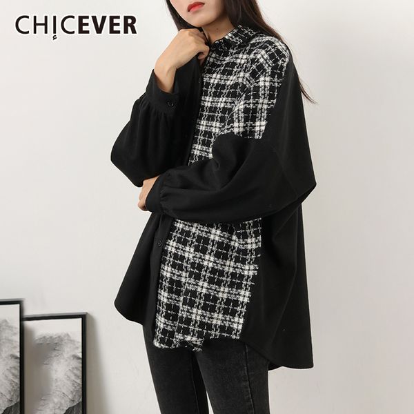 

chicever vintage patchwork plaid hit color women's shirt lapel collar lantern sleeve oversize loose female blouses 2019 autumn, White