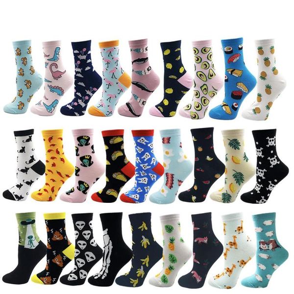 

women's socks japanese cotton colorful cartoon cute funny happy kawaii skull alien avocado socks for girl christmas gift, Black;white