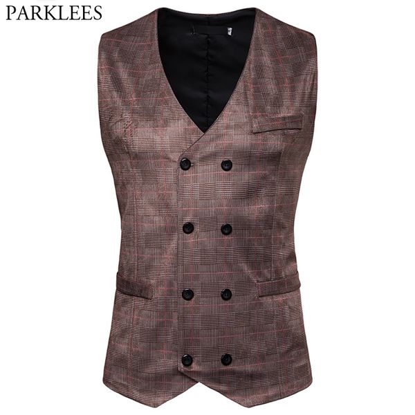 

men's business casual waistcoat 2019 brand new plaid slim fit double breasted suit vest men gentleman vests gilet costume homme, Black;white