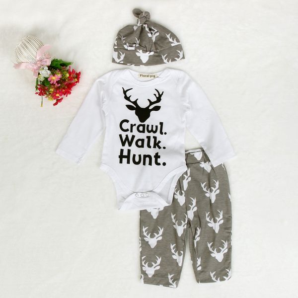 

newborn infant baby outfit clothes print romper +long pants +hat #68p, White