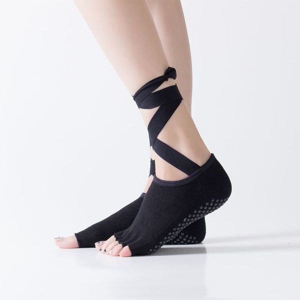 

sports socks female toe cotton granules open back profession dance lace up swear non-slip printing sock 5 fingers for women, Black