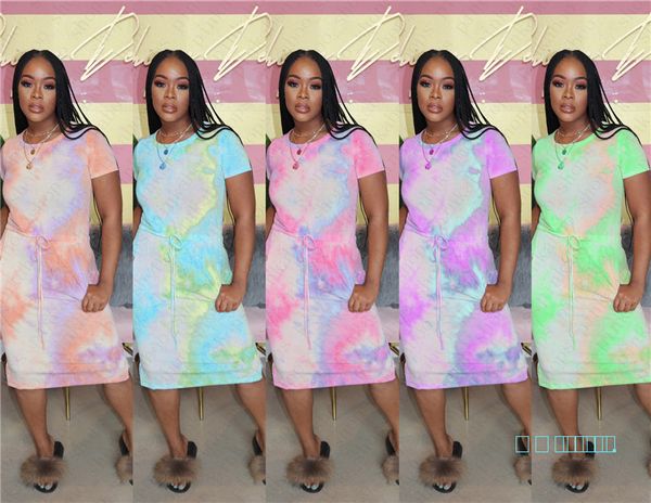 

2020 summer women's tie-dye printed dresses ladies casual trendy short sleeve lace-up elastic waist tea-length dress party cloth s-xxl, White