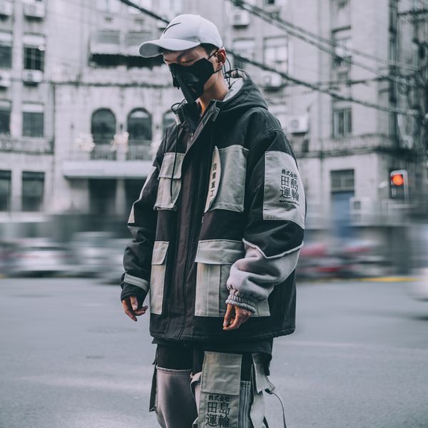 

2019 men streetwear winter embroidery thick jacket windbreaker harajuku warm jackets pockets hip hop vintage jackets coats, Black