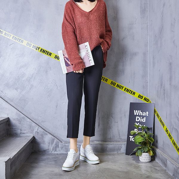 

2020 autumn genuine thick-soled muffin female leather inside increase lace casual shoes slope gao with, Black