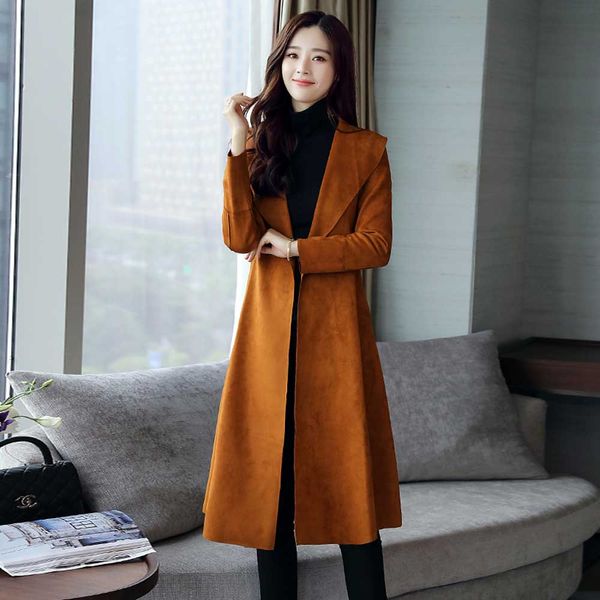 

new arrival uk autumn winter women suede robe belted robe coat simple notched lapel red black overcoat, Tan;black