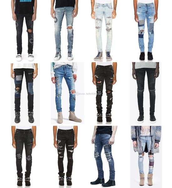

vintage classic men's designer biker jeans skinny patches slim hole slim fit motorcycle locomotive distressed ripped trousers, Blue