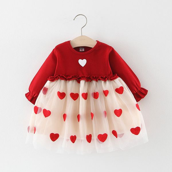 

toddler infant baby kids girls long sleeve ruched tulle patchwork love heart print mini dresses girls autumn cute clothes 2019, Red;yellow