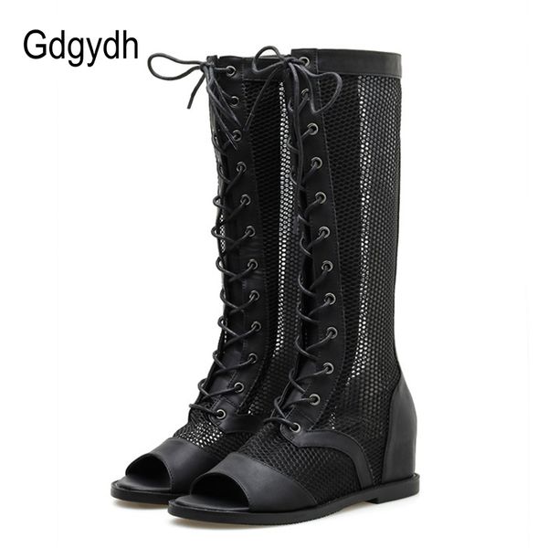 

gdgydh lace up womens summer shoes stylish rome mesh open toe zipper knee high boots sandal height increasing black punk shoes