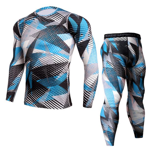

new camouflage 3d t-shirt compression set men running suits fitness sports sets long sleeve shirt + pants gym workout tights, Black;blue