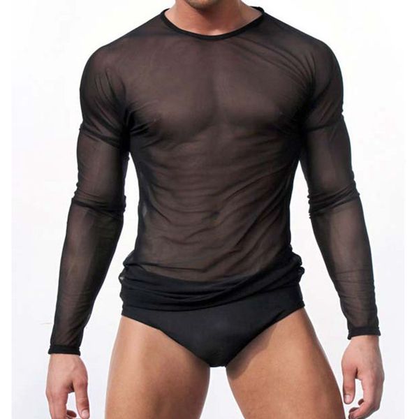 

mens transparent t-shirt sheer see through mesh long sleeve t shirt undershirt fitness tight black/white lounge tees, White;black