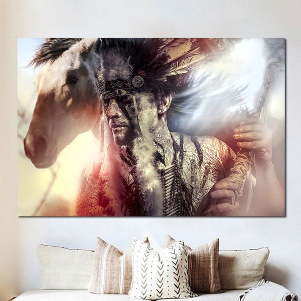 

native indian with white horse animals wall art pictures painting wall art for living room home decor (no frame