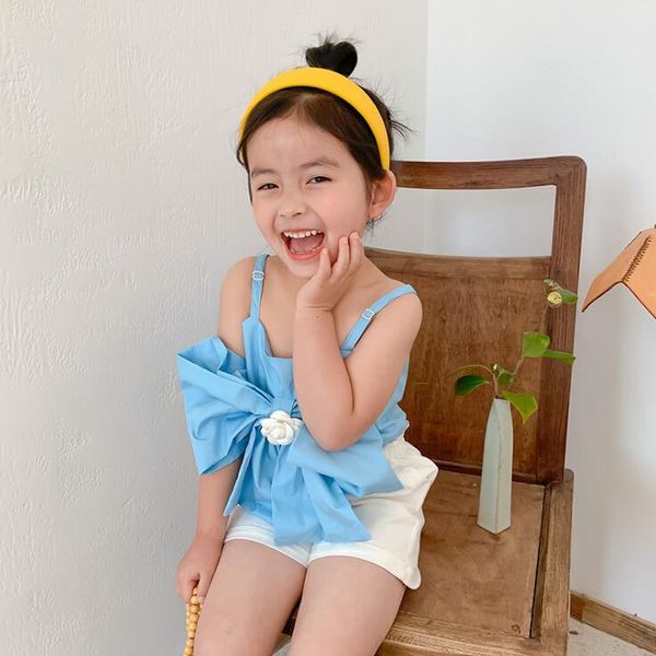 

2020 new girls t-shirt sleeveless summer fashion cotton girls bow vest 1-7t qh31, Blue