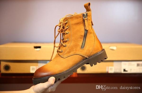 

2018 british style genuine leather women and men motorcycle boots high martin boots old vintage boots retro botas mujer, Black