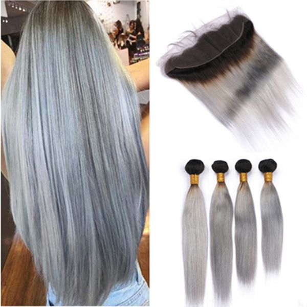 2019 1b Grey Ombre Straight Weaves Human Hair 4 Bundles With Lace