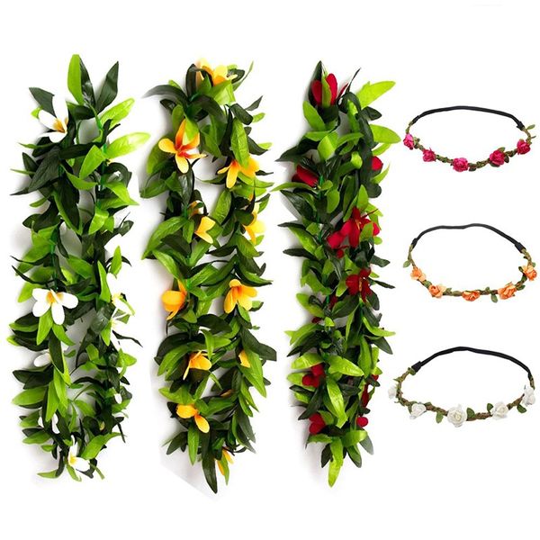 

6 pcs hawaiian leis flowers necklace headbands tropical luau hawaii for party supplies, beach party decorations, wedding, birthd