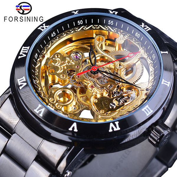 

Forsining 2019 New Retro Royal Flower Golden Skeleton Clock Red Black Pointers Stainless Steel Mens Automatic Watch Top Brand Luxury Watches