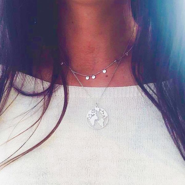 

amazon source stainless steel popular fashion individual street p new wafer world map multilayer hanging necklace, Silver