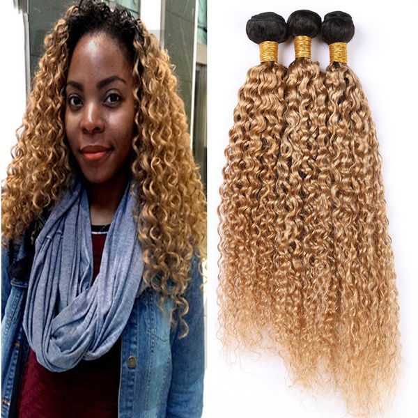 Ofertas Castanho Claro Ombre peruana Curly extensões do cabelo humano # 1B 27 escuro Virgin Root Tece cabelo Kinky Curly Mel loira Ombre 3 Bundle